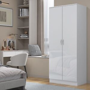 High Gloss 2 Door Wardrobe With Hanging Rail Bedroom Furniture Storage Modern