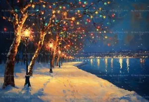 STAMPA ARTISTICA PITTURA NOTTE INVERNALE, decorazione luci di Natale, poster vacanze E470 - Foto 1 di 3