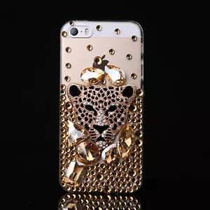 Jewelled Rhinestone Bling Crystal Gold Diamond leopard Soft TPU Gel Phone Case - Picture 1 of 7