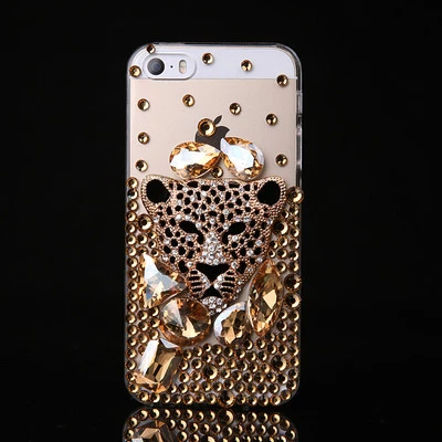 Jewelled Rhinestone Bling Crystal Gold Diamond leopard Soft TPU Gel Phone Case - Image 1 of 4