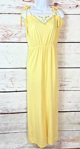 Vintage Jones Juniors Jumpsuit Romper Sz S 70s Butter Yellow Embroidered Bib - Picture 1 of 22