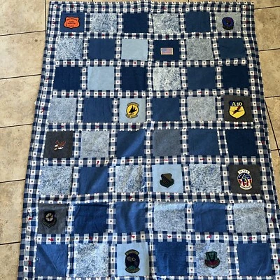 Denim Casero Patchwork Edredón Manta Upcycle Jeans Parches de la Fuerza Aérea Foto 1 de 4