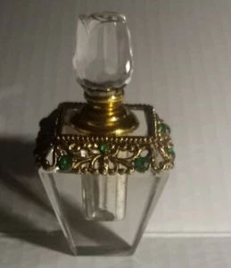 VINTAGE THICK HEAVY GLASS HOLLYWOOD GLAM PERFUME BOTTLE Brass Filigree Rhineston - Picture 1 of 7