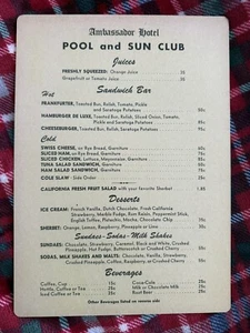 Seltene Ambassador Hotel Pool und Sun Club Speisekarte - Hollywood ikonische Erinnerungsstücke - Bild 1 von 3