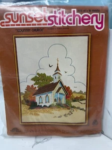 1980 Sunset Stitchery Crewel Embroidery Kit Country Church #2479 NEW Old Stock - Picture 1 of 6
