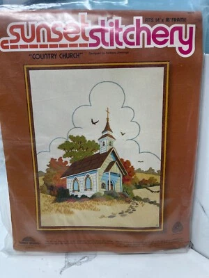 1980 Sunset Stitchery Crewel Embroidery Kit Country Church #2479 NEW Old Stock - Image 1 of 4