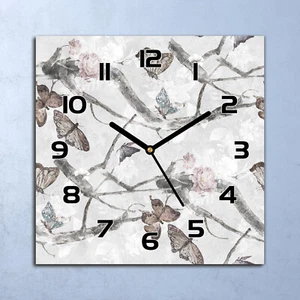 Glass Wall Clock Decor Butterfly Painting Branches with delicate flowers 30x30 - Picture 1 of 6