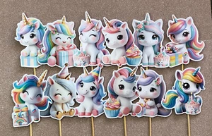 Unicorn Cupcake Toppers Set Of 12 Cute Birthday Unicorns. - Picture 1 of 1