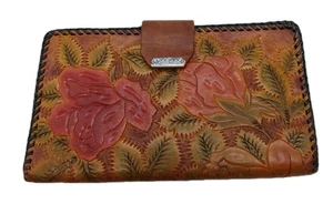 Geldbörse Handbesetzt Echtleder Rot Blumen Grün Blätter Lesen Vintage  - Bild 1 von 9