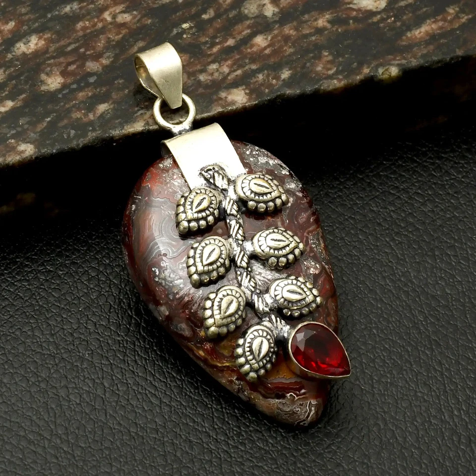 Crazy Lace Agate Garnet Gemstone Handmade Leaf Pendant Jewelry 2.4" AP-17545 - Image 1 of 1