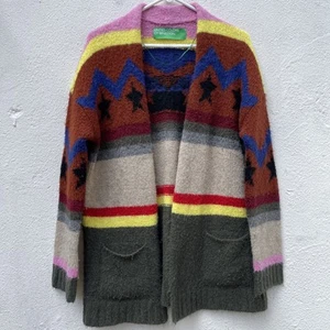 Benetton Cardigan Jumper Womens Extra Small 42 Striped Cobain Grunge Fuzzy - Picture 1 of 18