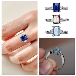 Women Ring 925 Sterling Silver Rainbow Engagement Wedding Band Rings 3 Colors - Picture 1 of 20