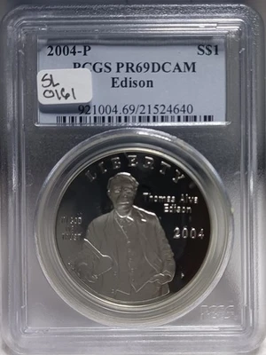 2004-P  $1 THOMAS EDISON SILVER DOLLAR COMMEMORATIVE PCGS PR69 DCAM. Video SL161 - Image 1 of 4