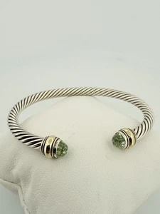 David Yurman Sterlingsilber 5 mm Prasiolith und 14K Kabel Manschette Armband 6,5 Zoll - Bild 1 von 7
