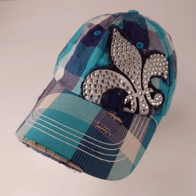 Sombrero de mujer Leader a cuadros azul turquesa estrás flor de lis algodón Foto 1 de 4