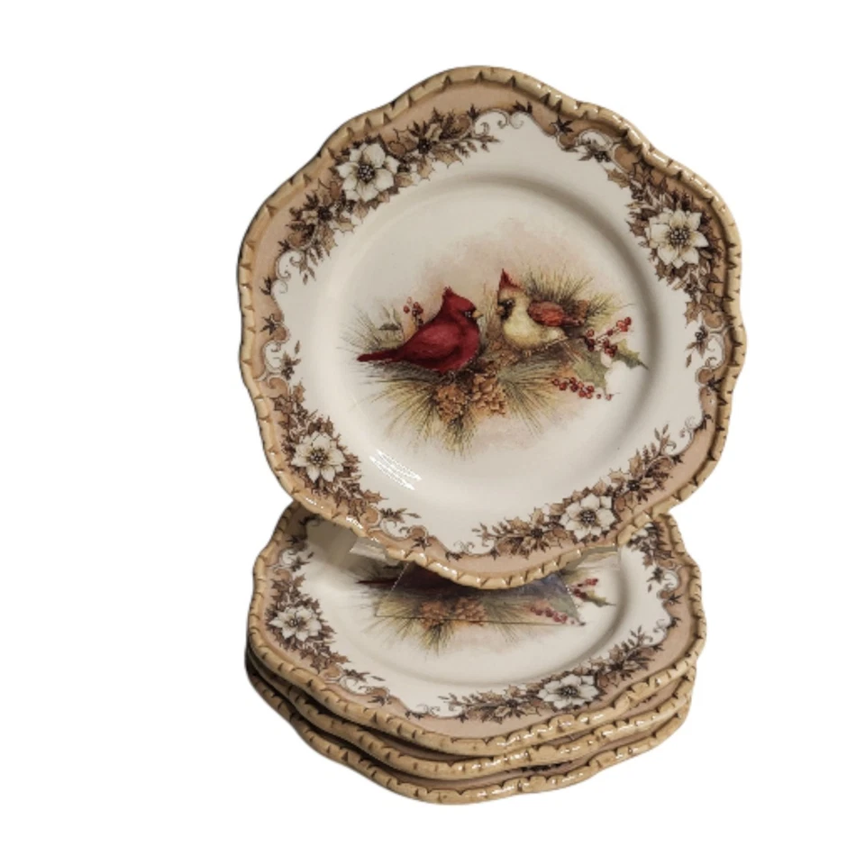 Set if 4 Cracker Barrel 8" Salad Plates Red Cardinals Winter Christmas - Image 1 of 4