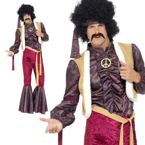 Jimi Hendrix Costume Adult 70s Psychedelic Rocker Fancy Dress Jimmy Outfit M-XL
