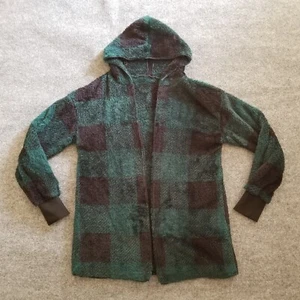 Cardigan donna senza marchio con cappuccio grande verde e nero aperto davanti manica lunga morbido - Foto 1 di 12