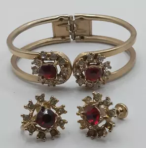 Vintage Ruby & Clear Rhinestone 12K Gold Fill Screw On Earrings And Bracelet Set - Picture 1 of 8