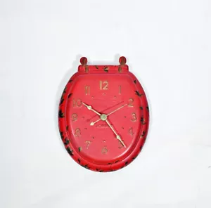 Vintage Retro 70s Red Gold Ceramic Toilet Seat Johnny Bathroom Decor Wall Clock - Picture 1 of 4
