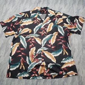 Vintage Hilo Hattie Hawaiian Shirt Mens XL Black Leaf Print Short Sleeve Button - Picture 1 of 9