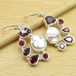 High Quality BIWA PEARL, GARNET Earrings 1.7" 925 Solid Silver Antique Jewellery - Picture 1 of 2