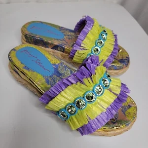 Sandalias de Verano Betsey Johnson Tera Púrpura y Amarillo Gruesas Diamante Natural Talla 6 - Imagen 1 de 7