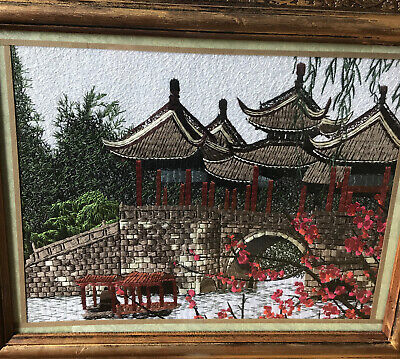 Japanese Silk Tapestry Needlework  18x15 Pagoda Bridge Red Blossom Exquisite • 65£