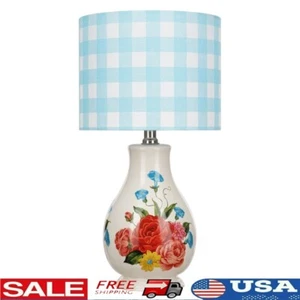 Sweet Rose Table Lamp Blue Gingham Shade Rustic Ceramic Floral Design Home Decor - Picture 1 of 6