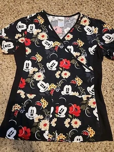Scrubs Scrub Top Cartoon Disney Mickey Mouse Floral Size Xsmall Black - Picture 1 of 8