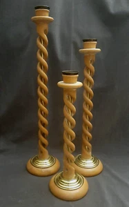 Set Of 3 Wood and Brass Open Barley Twist Candlesticks Candle Holders Spain - Picture 1 of 11