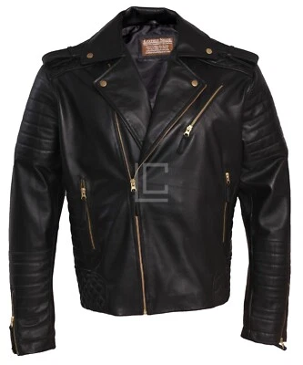 Men's Stylish Motorcycle Lambskin Genuine Leather Biker Jacket Black Gold Zipper - Image 1 of 4