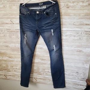 VIP Jeans Size 11/12 Womens Skinny Stretch Mid Rise Med Wash Blue Denim Distress - Picture 1 of 6