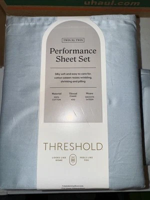 Threshold Twin XL Sheet Set + 2 Pillowcases 400TC Cotton Sateen Light Blue New - Image 1 of 4
