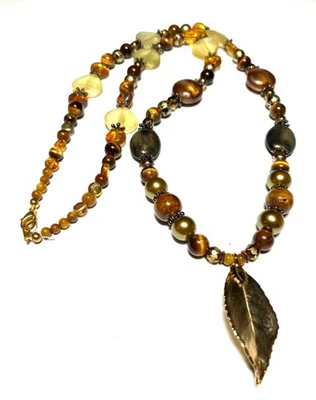 Gold Tone Beaded Necklace Acrylic Beads Leaf Pendant - Image 1 of 4