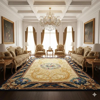 Aubusson Style Hand-Tufted Wool , French Floral Medallion Carpet with Navy   Rug - Image 1 of 4