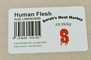 42 etiquetas personalizadas de embalaje de carne humana de Halloween, broma, broma de fiesta - Imagen 1 de 2