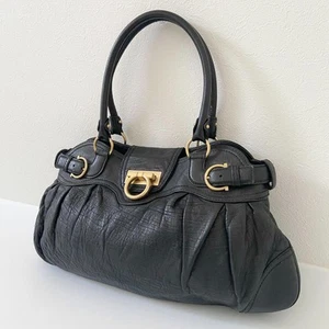 Salvatore Ferragamo Hand Bag Tote Purse Gancini Leather Black Authentic - Picture 1 of 24