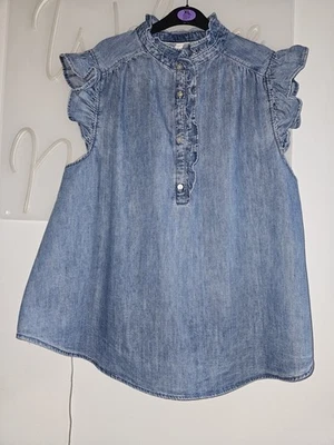 Ladies, Denim, Sleeveless Shirt with Ruffled detail on the Shoulders, Size L - Image 1 of 4