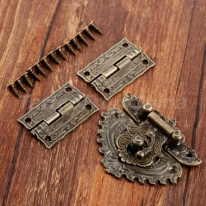 Retro Carved Flower Jewelry Box Latch Hasp & 2Pcs Hinges Cabinet Drawer Hardware - Picture 1 of 12