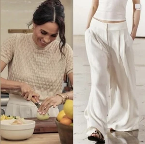 Zara Woman Collection Ecru White Darted Linen Blend Trousers XS UK6-8 ASO Celeb - Picture 1 of 19