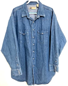Men's 3XL XT Shirt Blue Denim Work Wear Big Mac Western Pearl Snaps Tall Vintage - Picture 1 of 10