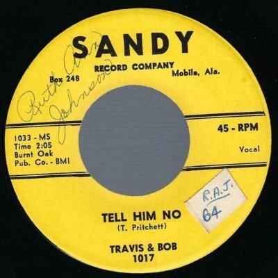 Travis & Bob Tell Him No / We're Too Young 45 rpm NM Sandy Rockabilly Ballad Foto 1 de 2