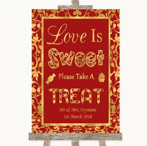 Red & Gold Love Is Sweet Take A Treat Candy Buffet Personalised Wedding Sign - Picture 1 of 8