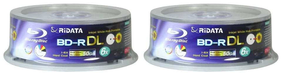 50 RIDATA 6X Blank Blu-Ray BD-R DL Dual Layer 50GB White Inkjet Printable Disc - Image 1 of 4