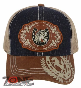 NEW! RODEO HORSE SHOE MESH TRUCKER SNAPBACK BASEBALL CAP HAT BLUE JEAN - Picture 1 of 4