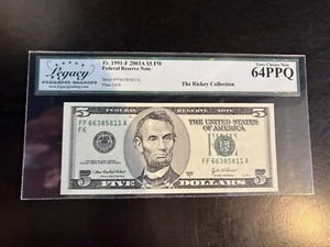 DBR 2003-A $5 FRN Atlanta Fr. 1991-F Legacy 64 PPQ Serial FF66385811A - Picture 1 of 2