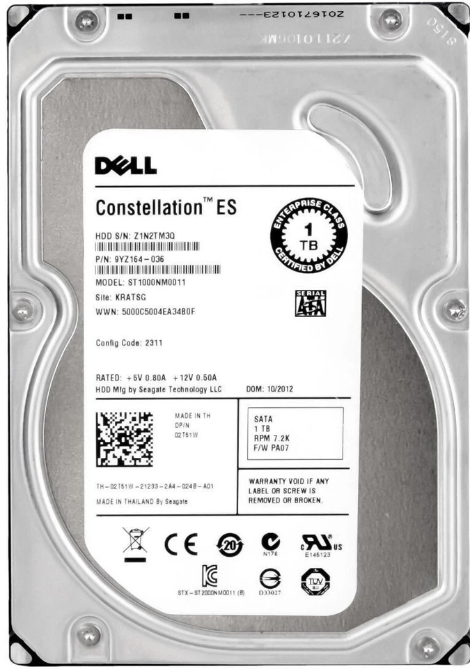 Hard Drive Dell 02T51W 2T51W ST1000NM0011 1TB 7200U/Min 64MB SATA III 3.5 " Inch - Image 1 of 3
