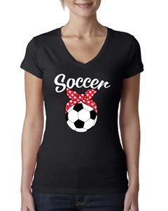 Cute Soccer Mom Ribbon Soccer Ball Gift Sports Women Junior V-Neck Tee - Picture 1 of 10