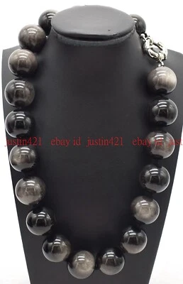Enorme collar de cuentas redondas de piedras preciosas de obsidiana ojo de plata natural de 18 mm 16-36" AAA+ Foto 1 de 4